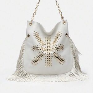 Elegant White Studded Fringe Shoulder Bag